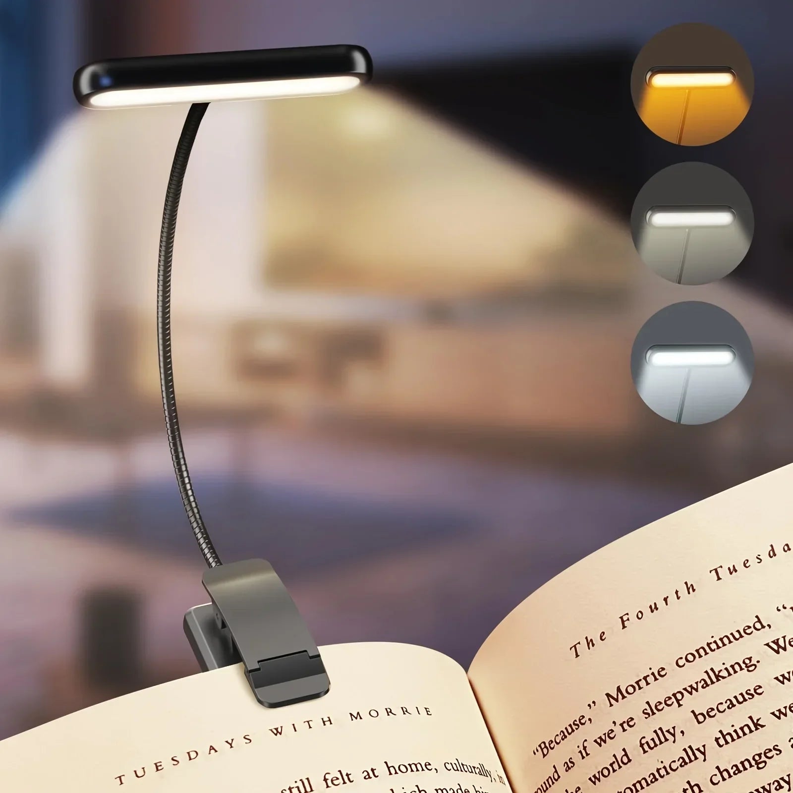 Rechargeable LED Reading Light with Clip and Gooseneck – 3 Color Modes, Dimmable, USB Powered Book Light for Bed, Desk, Travel | Thomler