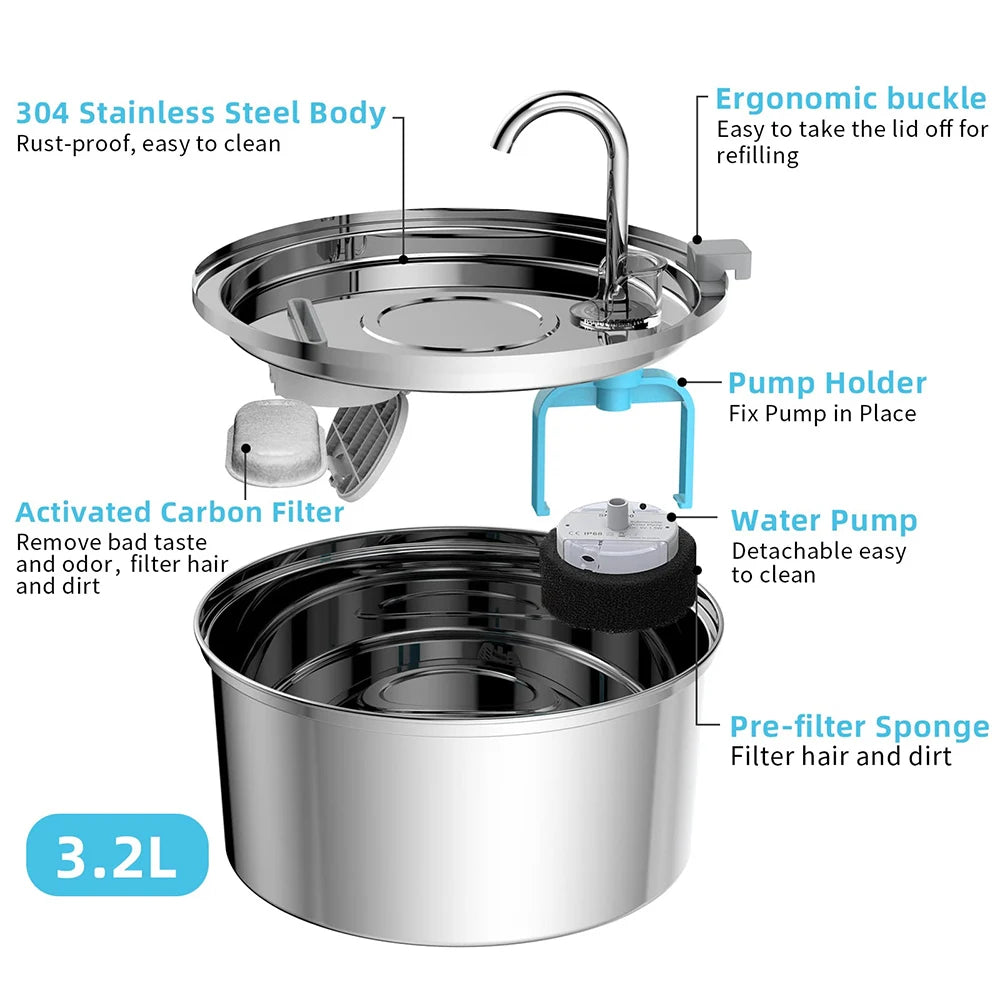 USB-Powered Hydration Station for Dogs & Cats 108 fl oz Stainless Steel Recirculating Bowl Silent Pump Dual Filter System for Small Medium | Thomler
