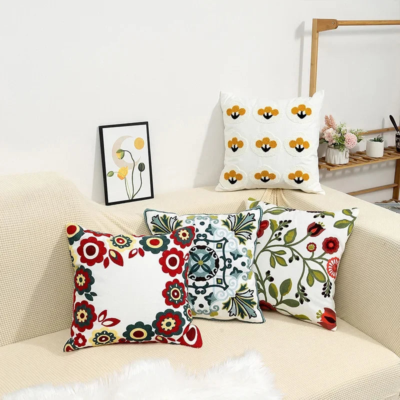 Cushion Cover Cotton Canvas 45.0 cm Floral Embroidered White Sofa Bed Decorative Pillow Case Farmhouse Living Room Accent | Thomler