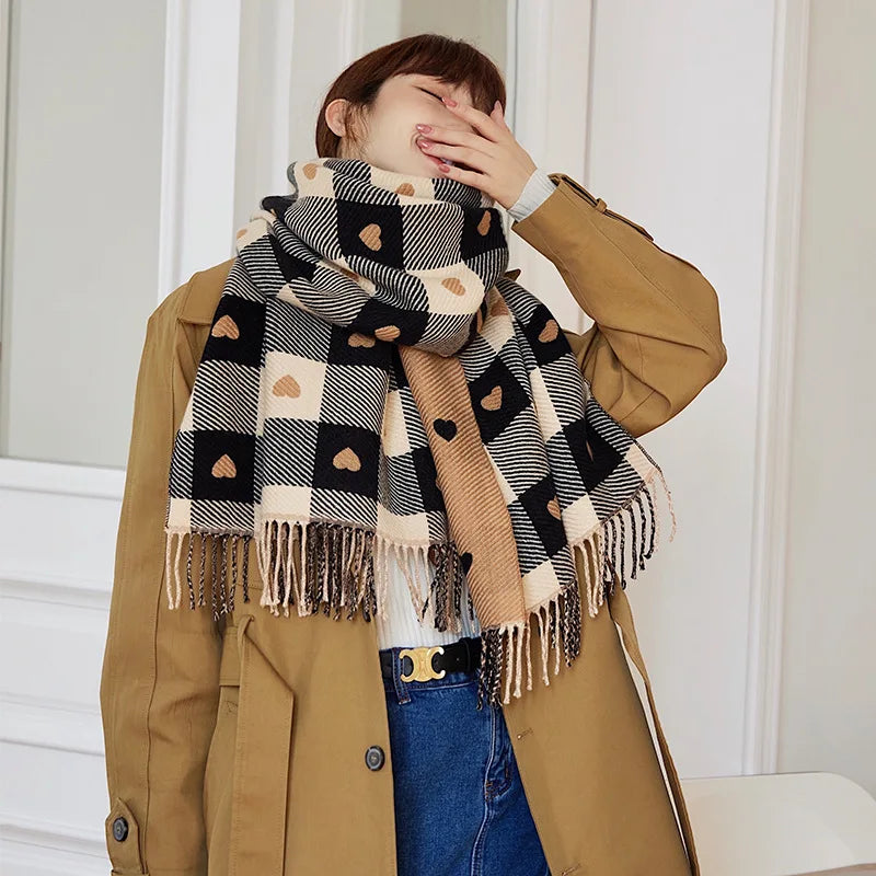 Oversized Plaid Blanket Scarf for Women – Thick Knitted Wrap with Heart Accent for Fall & Winter | Thomler