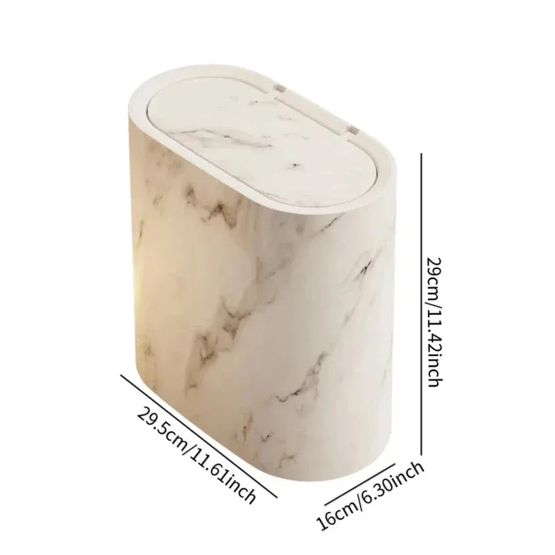 Push-Top Waste Basket with Marble-Look Finish – Slim Oval Design for Small Bathrooms, Bedrooms & Home Offices | Thomler