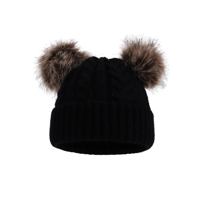 Women's Chunky Cable-Knit Winter Beanie with Dual Faux-Fur Pom-Poms – Fold-Over Cuff Hat for Cold Weather | Thomler