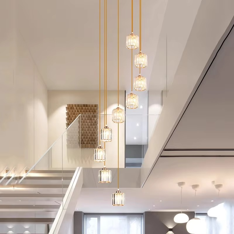 Cascading Faceted Glass Stairwell Fixture – Adjustable Height Multi-Pendant with Iron Canopy for Open Entryways & Two-Story Ceilings | Thomler