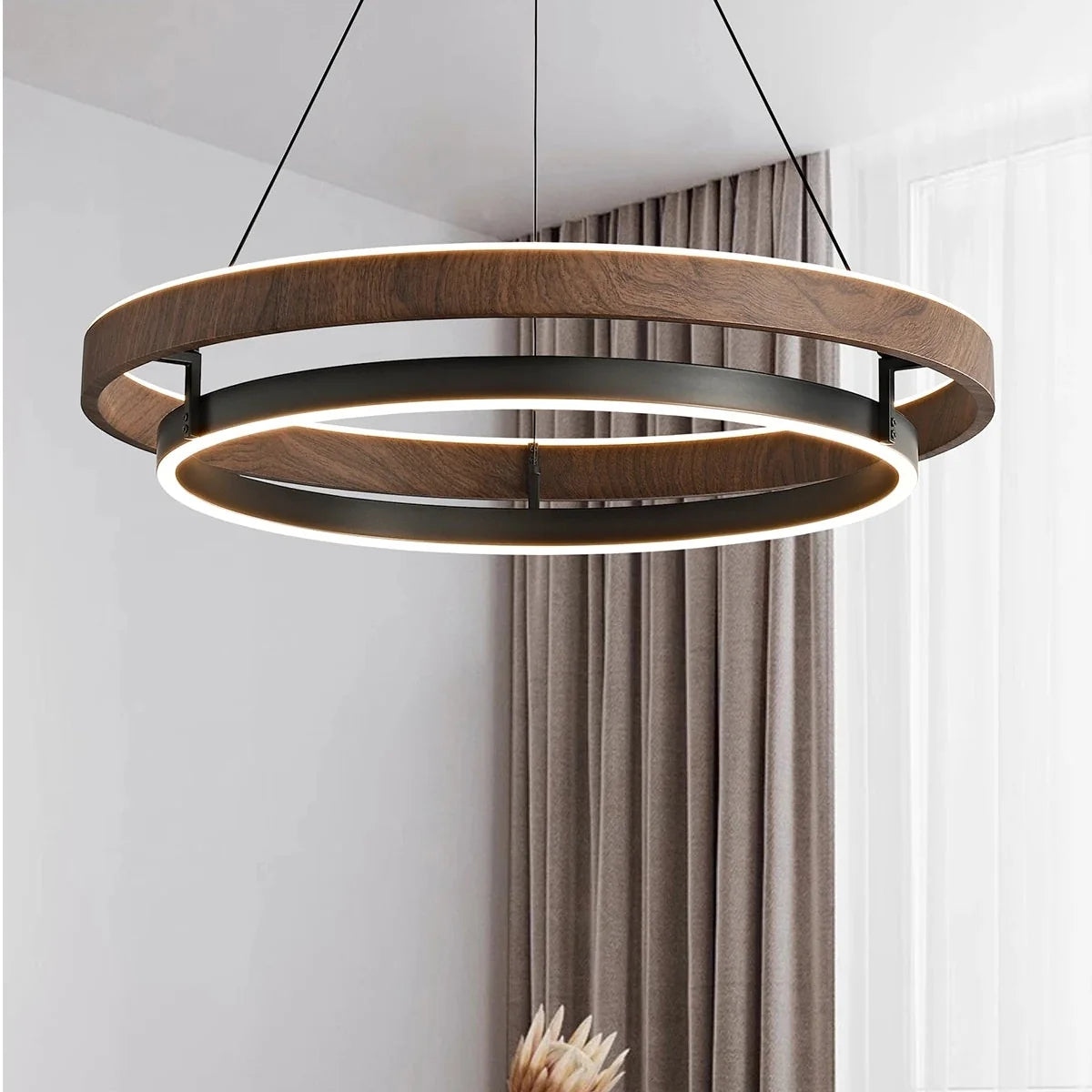 Modern Ring Overhead Lighting with Wood-Grain Metal Frame for Living & Dining Rooms | Thomler