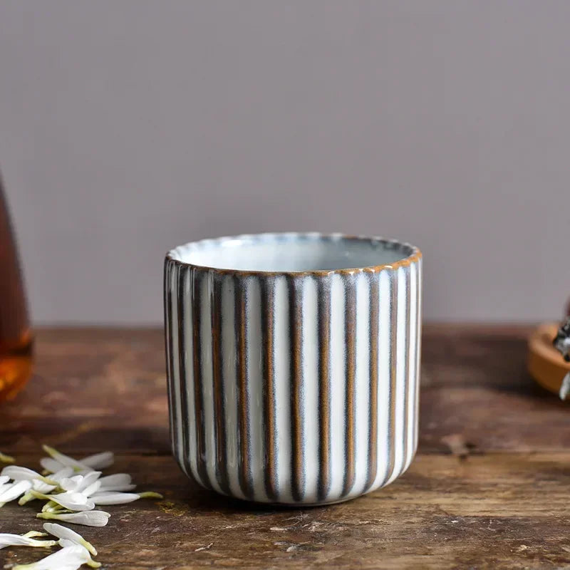 Ceramic Teacup Porcelain 180 ml 6.3 fl oz Ribbed Japanese Style Tea Coffee Sake Cup Japandi Tableware | Thomler