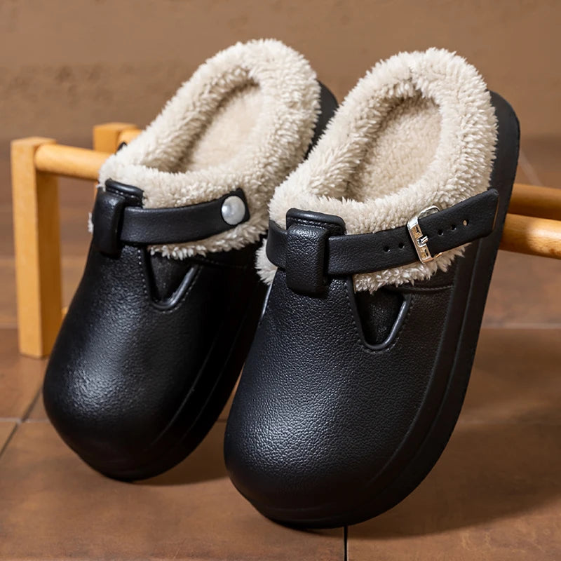 Cushioned Platform House Slippers for Women – Cozy Faux-Fur Indoor Slides with Buckle Detail & Non-Slip Sole | Thomler