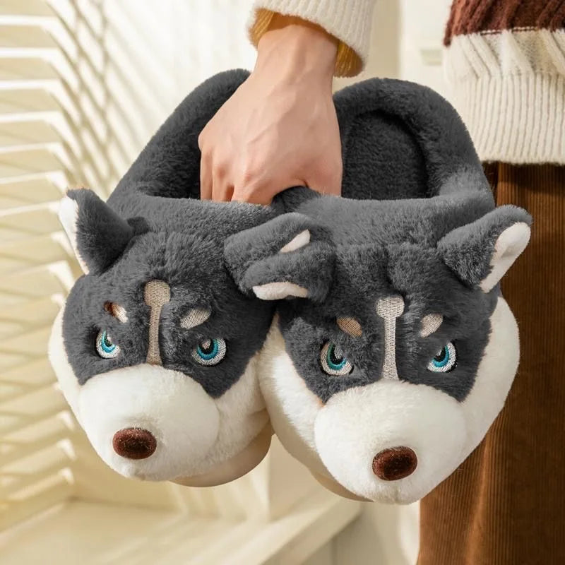 Plush Husky Slippers for Women & Men – Soft Animal House Shoes with Rubber Sole for Indoor Warmth & Cozy Comfort at Home | Thomler