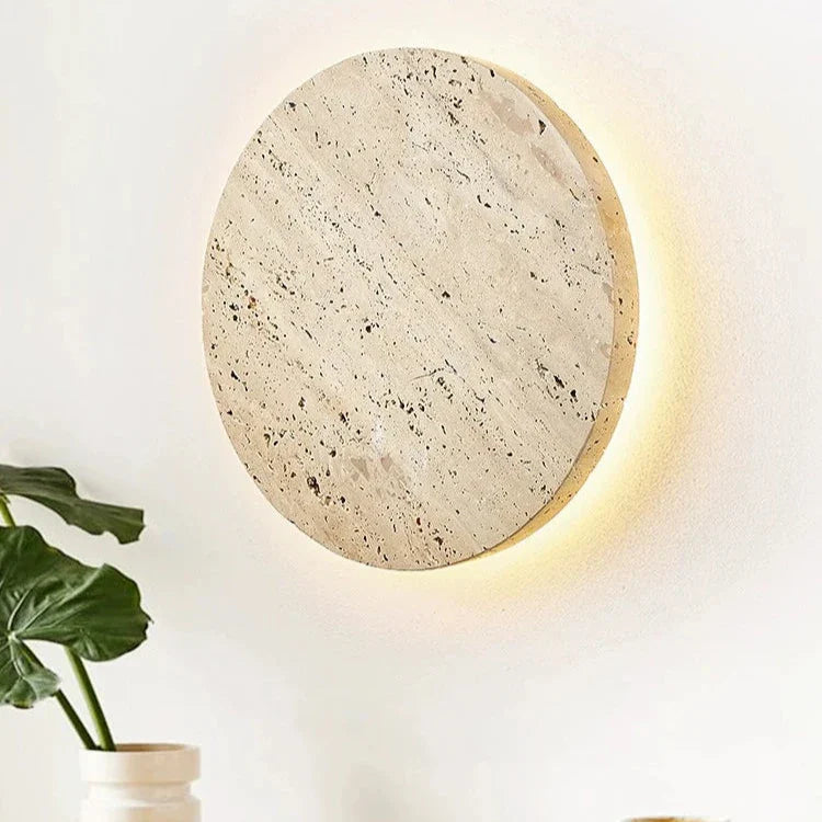 Wall Lamp Travertine Stone 11.8 in Round Warm LED Bedroom Hallway Ambient Lighting Minimalist Natural Stone Sconce | Thomler