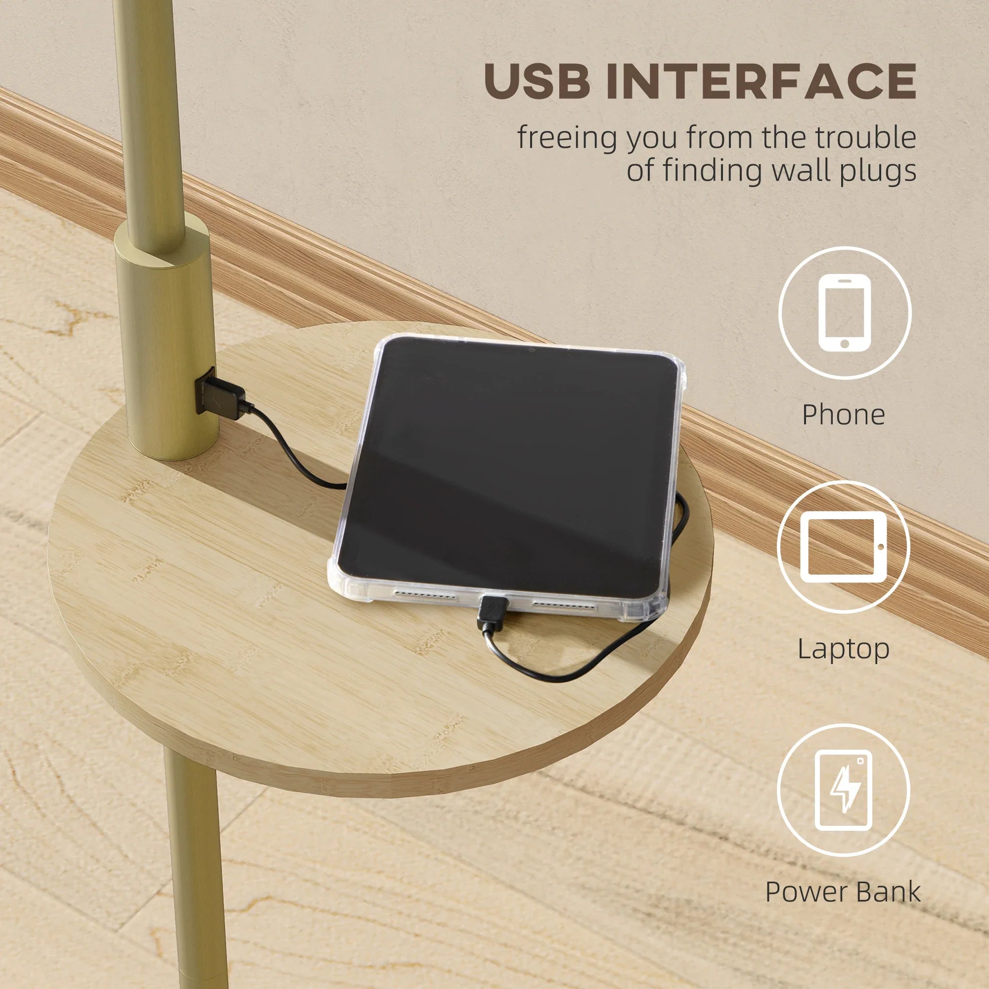 Floor Lamp Steel Bamboo Shelf 170.0 cm Gold Living Room Bedroom Reading Light USB Charging Arc Lamp | Thomler