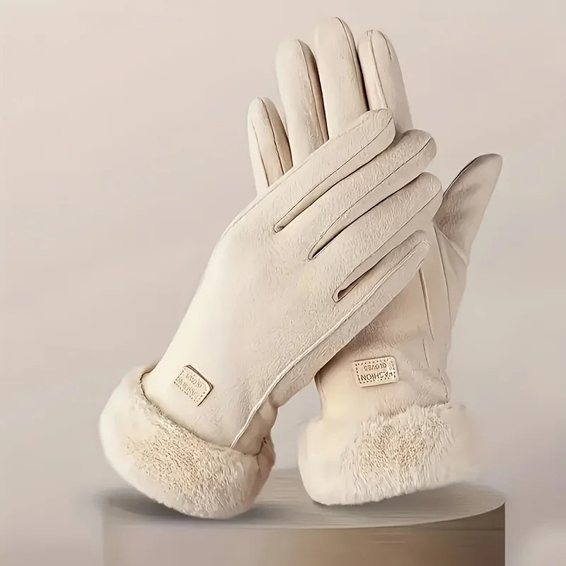Warme winterhandschoenen voor dames met winddichte en koudebestendige eigenschappen, dikke bontvoering en touchscreen-functie.