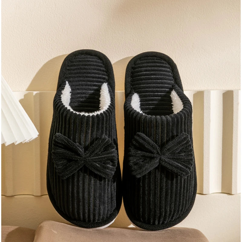 Bow-Accent Plush House Slippers for Women – Cushioned Indoor Footwear with Cozy Fleece Lining, Non-Slip EVA Sole & Closed Toe Design for | Thomler