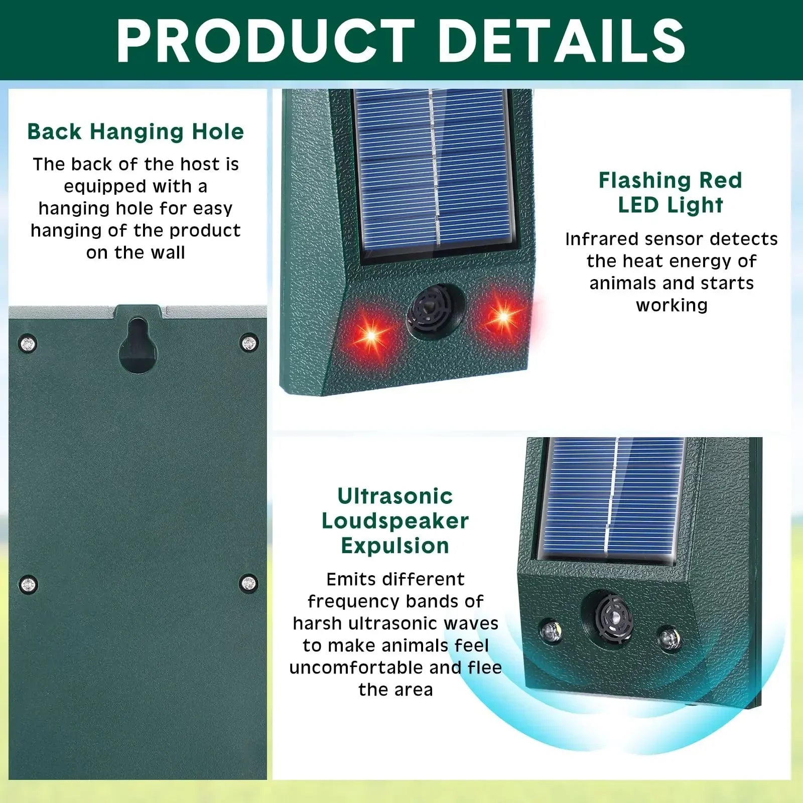 Solar Bird Repeller with Motion Sensor & LED Strobe Light | Ultrasonic Pest Deterrent for Gardens, Patios & Yards | Weatherproof 600 sq ft | Thomler