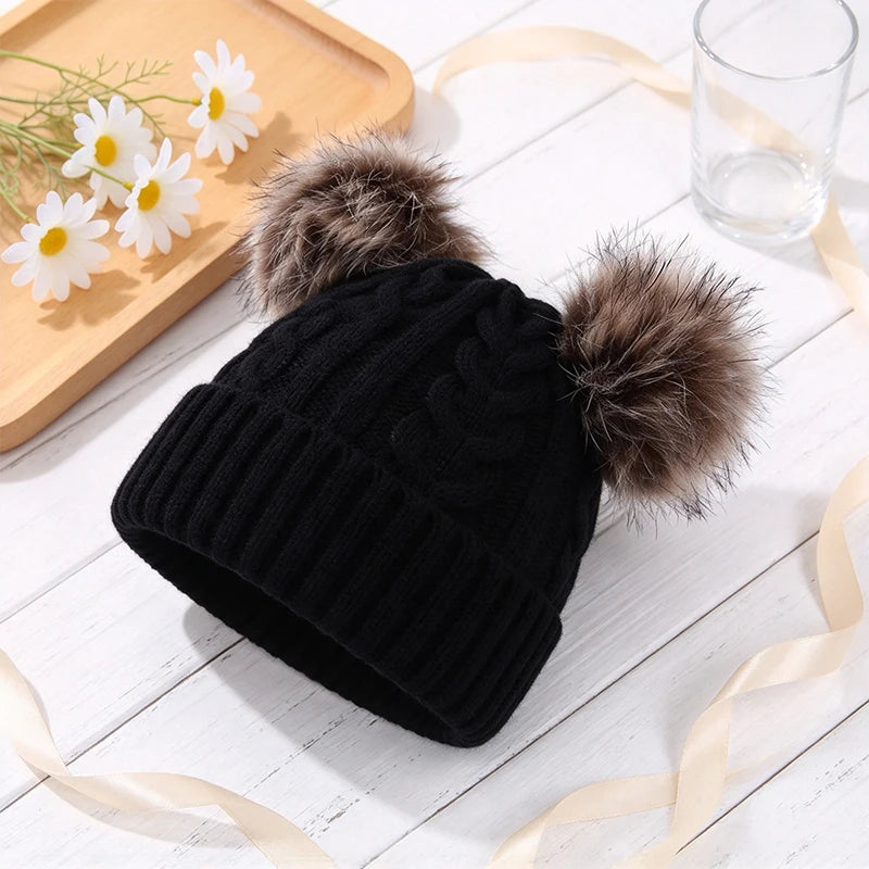 Women's Chunky Cable-Knit Winter Beanie with Dual Faux-Fur Pom-Poms – Fold-Over Cuff Hat for Cold Weather | Thomler