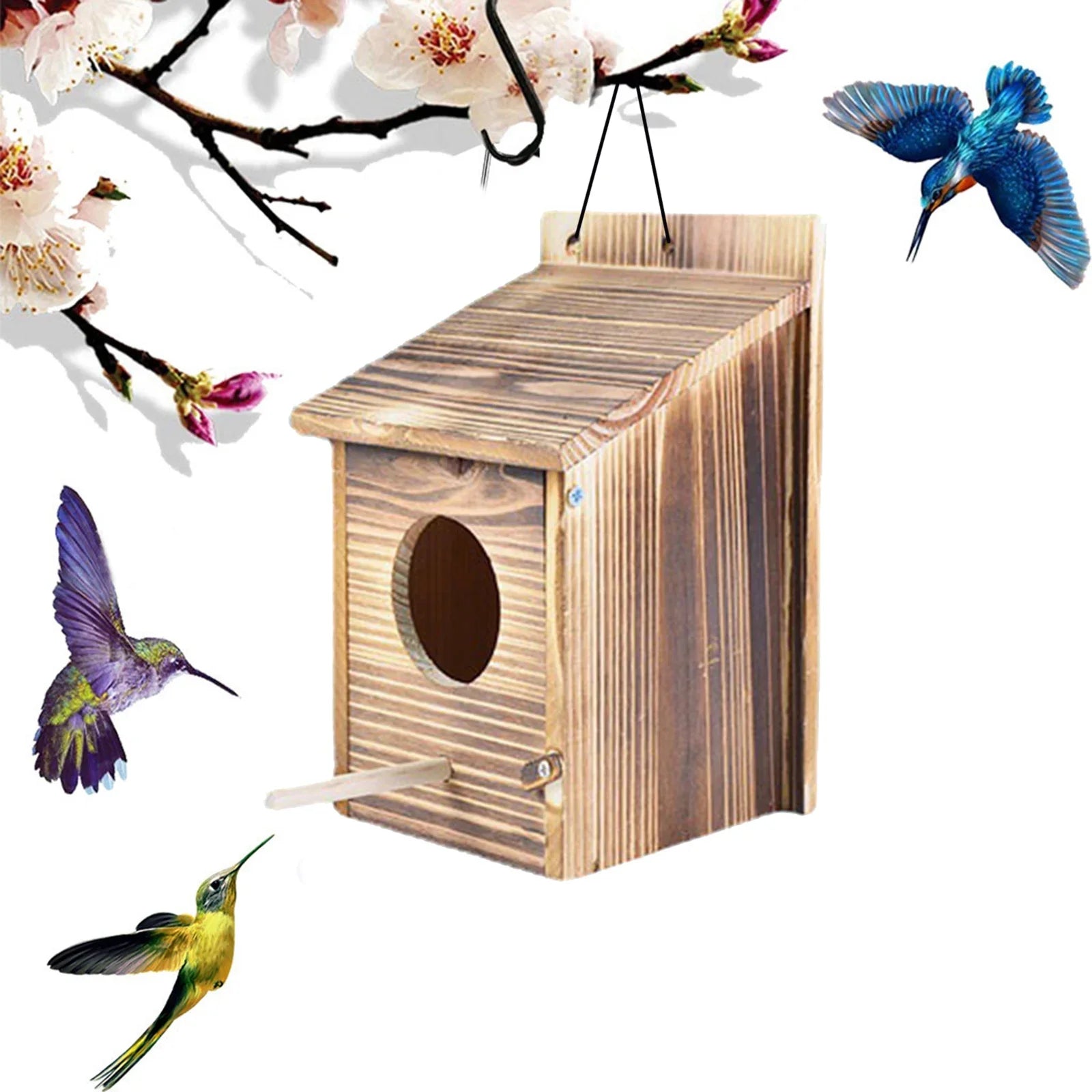 Birdhouse Natural Wood 22.0 cm Outdoor Garden Nesting Box Hanging Bird Shelter With Cleaning Door | Thomler