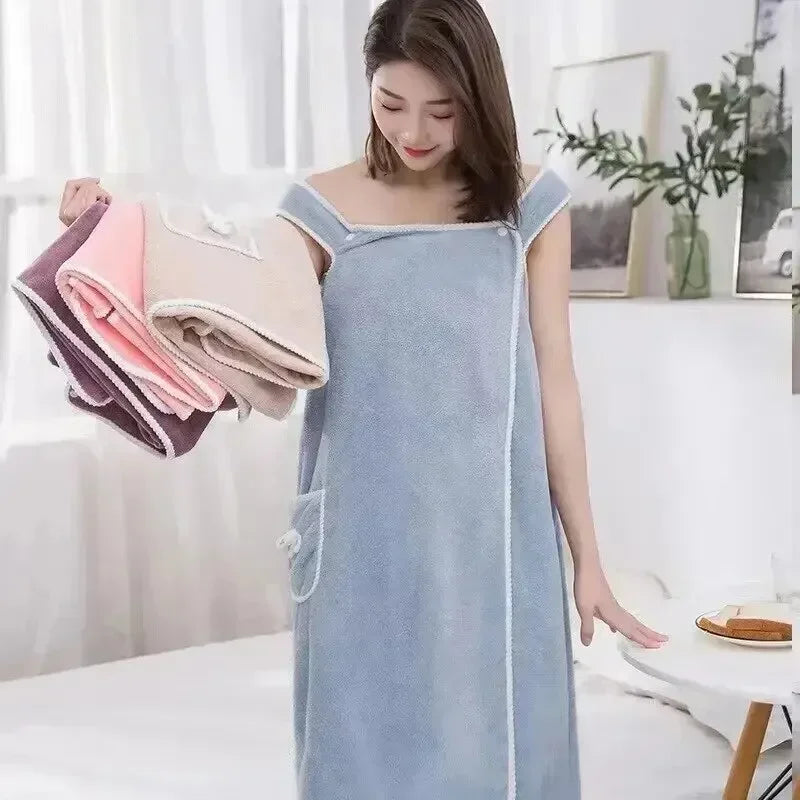 Wearable Bath Towel Wrap for Women – Quick-Dry Coral Fleece Spa Robe with Snap Closure 31×51 in | Thomler