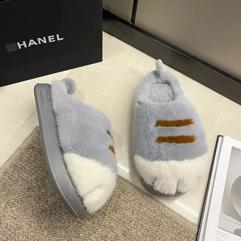 Plush Cat Paw Slippers for Women Indoor Outdoor Soft Furry House Shoes Anti-Slip Cozy Slides Loafer Mules Winter | Thomler