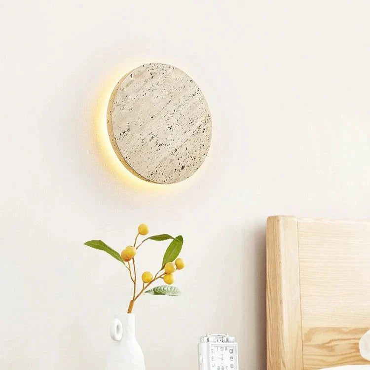 Wall Lamp Travertine Stone 11.8 in Round Warm LED Bedroom Hallway Ambient Lighting Minimalist Natural Stone Sconce | Thomler