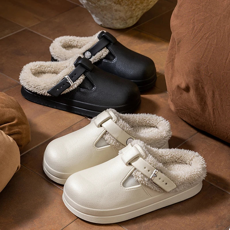 Cushioned Platform House Slippers for Women – Cozy Faux-Fur Indoor Slides with Buckle Detail & Non-Slip Sole | Thomler