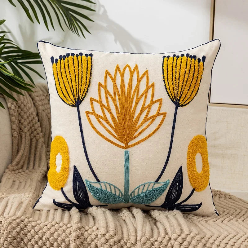 Cushion Cover Cotton Canvas 45.0 cm Floral Embroidered White Sofa Bed Decorative Pillow Case Farmhouse Living Room Accent | Thomler