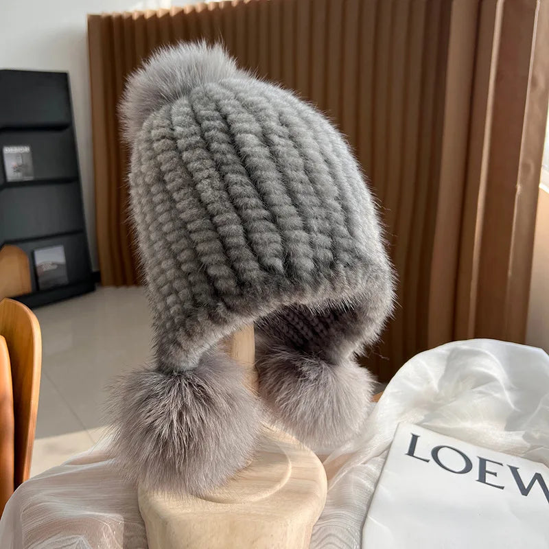 Knitted Real Fur Beanie with Fox Pom-Pom – Luxe Winter Hat for Women | Thomler