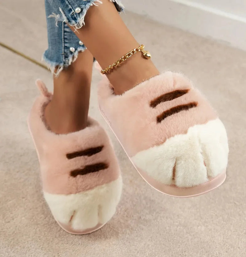 Plush Cat Paw Slippers for Women Indoor Outdoor Soft Furry House Shoes Anti-Slip Cozy Slides Loafer Mules Winter | Thomler