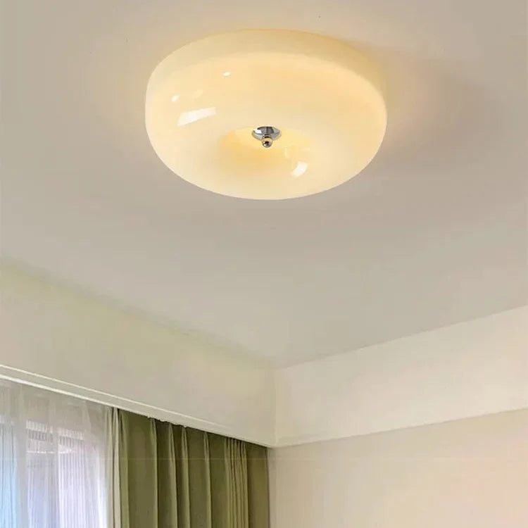 Flush-Mount Ivory Glass LED Fixture – Modern Round Dome Overhead Lamp for Bedroom, Kitchen, Study | Thomler