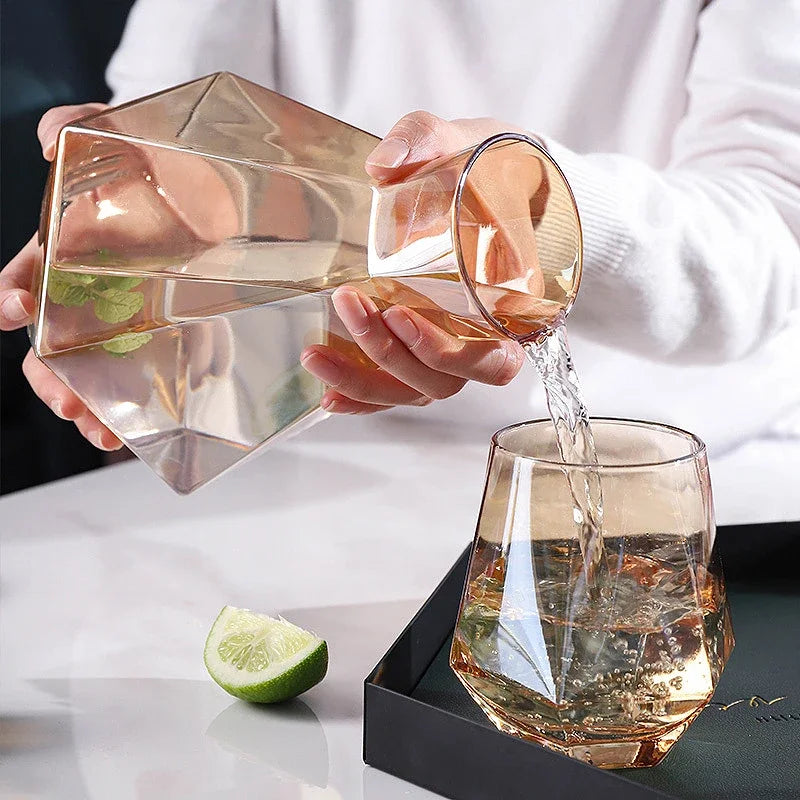 Glass Drinkware Set Eco-Friendly 9 in Jug 4 in Rocks Glasses Diamond Pattern Bar Kitchen Dining Accessories | Thomler