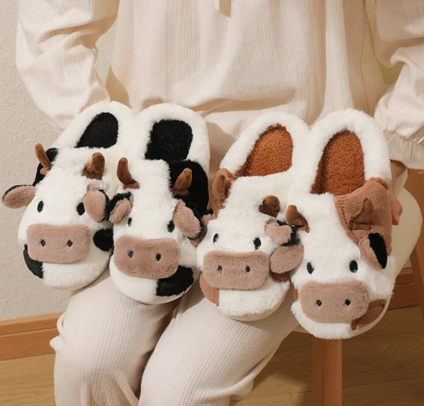 Winterpantoffels voor koppels Warm pluche Neutraal Cartoon Koe Indoor Antislip Comfortabele katoenen pantoffels voor mannen en vrouwen