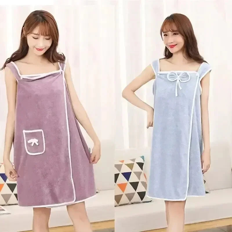 Wearable Bath Towel Wrap for Women – Quick-Dry Coral Fleece Spa Robe with Snap Closure 31×51 in | Thomler