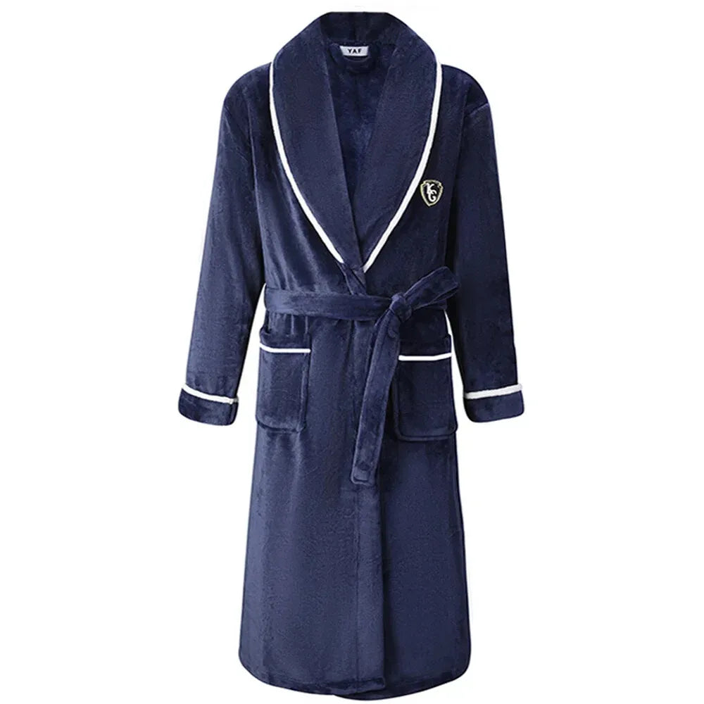 Plush Coral Fleece Robe for Men – Long Shawl Collar Bathrobe in Navy, Gray & Camel – Warm Winter Loungewear M-3XL | Thomler