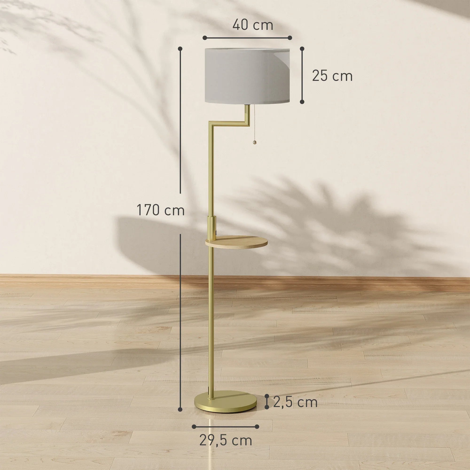 Floor Lamp Steel Bamboo Shelf 170.0 cm Gold Living Room Bedroom Reading Light USB Charging Arc Lamp | Thomler
