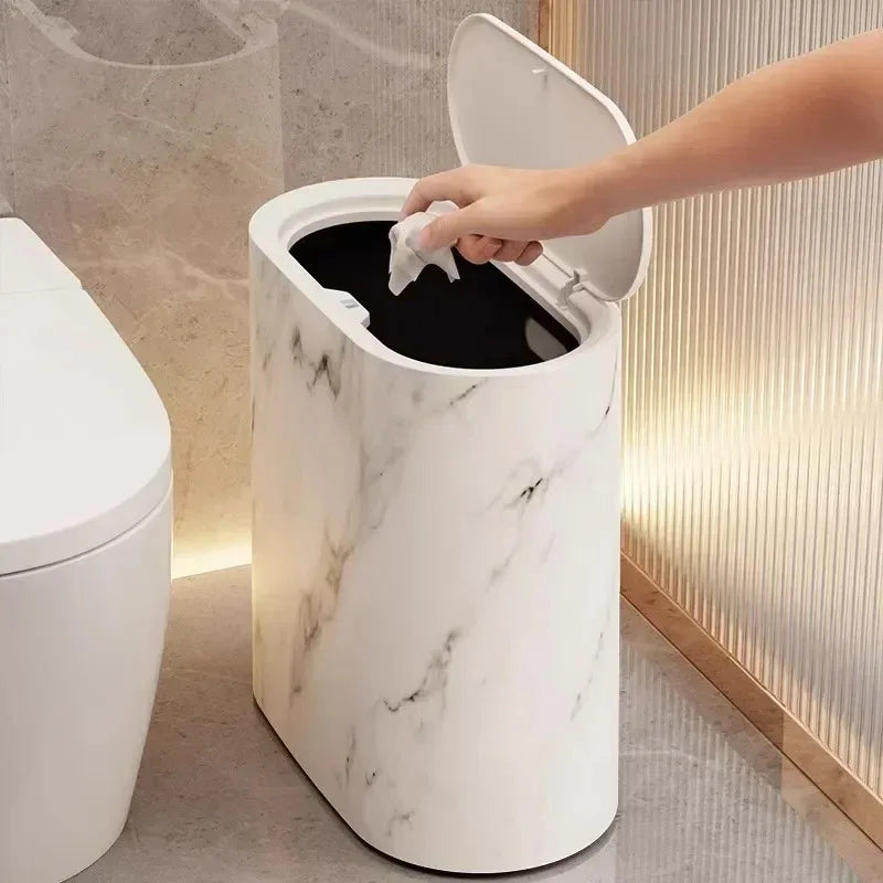 Push-Top Waste Basket with Marble-Look Finish – Slim Oval Design for Small Bathrooms, Bedrooms & Home Offices | Thomler
