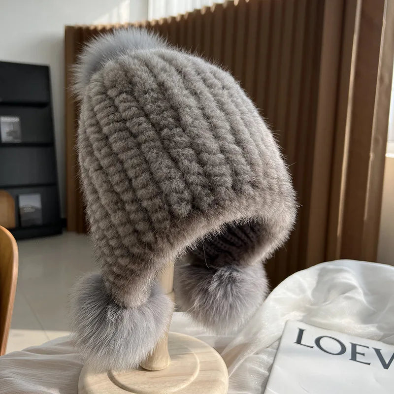 Knitted Real Fur Beanie with Fox Pom-Pom – Luxe Winter Hat for Women | Thomler