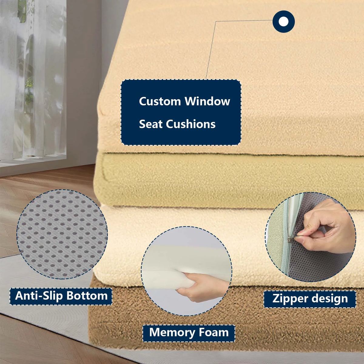 Plush Teddy Seat Pad Rectangle Bench Cushion Non-Slip Indoor Outdoor Window Seat Couch Floor Cushion Bay Window Mat 45D Foam Customizable | Thomler