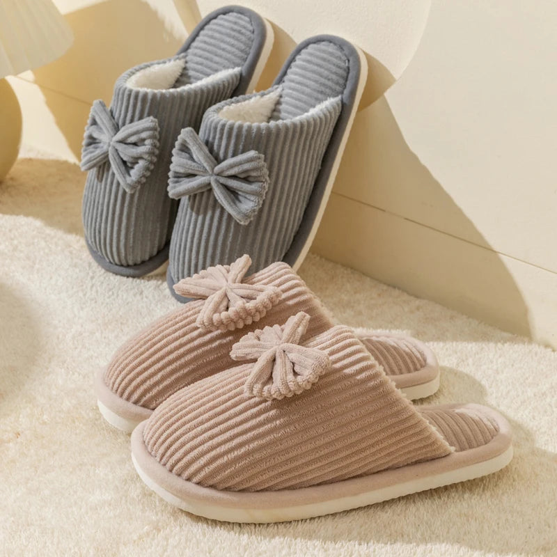 Women's Bow-Tie House Slippers Indoor Cushioned Footwear Cozy Plush Bedroom Shoes Fall Winter Slip-On Moccasins | Thomler