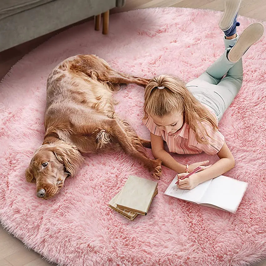 Round Rug Polyester Microfibre 100.0 cm Pink Children Play Area Shaggy Nursery Floor Mat Non Slip Memory Foam | Thomler