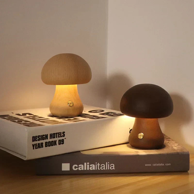 Rechargeable LED Mushroom Night Light with Touch Dimmer for Bedside, Nursery & Kids Room | Cordless Wooden Lamp | Thomler