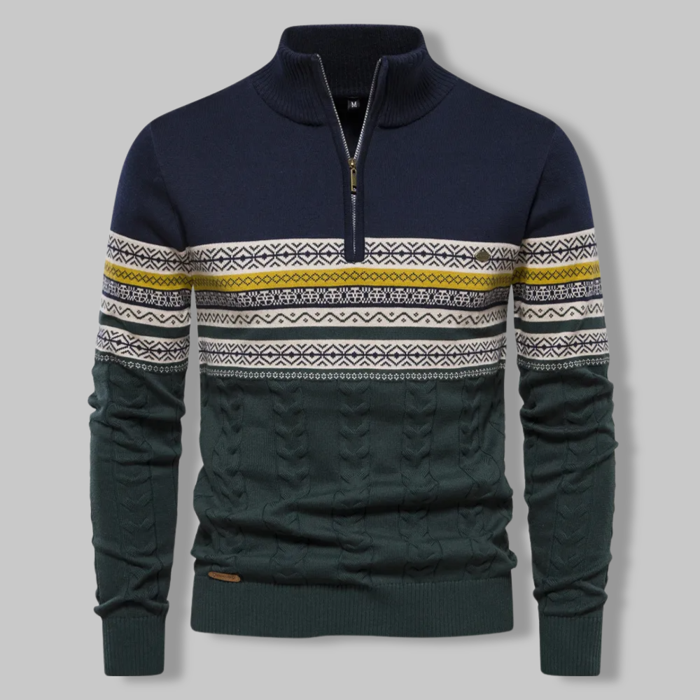 Men's Alpine-Inspired Quarter-Zip Pullover with Cable-Knit Texture & Nordic Chest Band – Ribbed Stand Collar Sweater for Everyday Warmth | Thomler