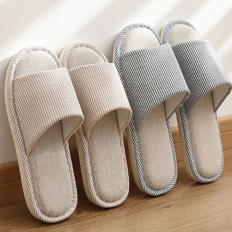 Open-Toe Canvas Slides for Women & Men – Breathable Linen House Slippers for Year-Round Comfort – Indoor Bedroom Footwear | Thomler
