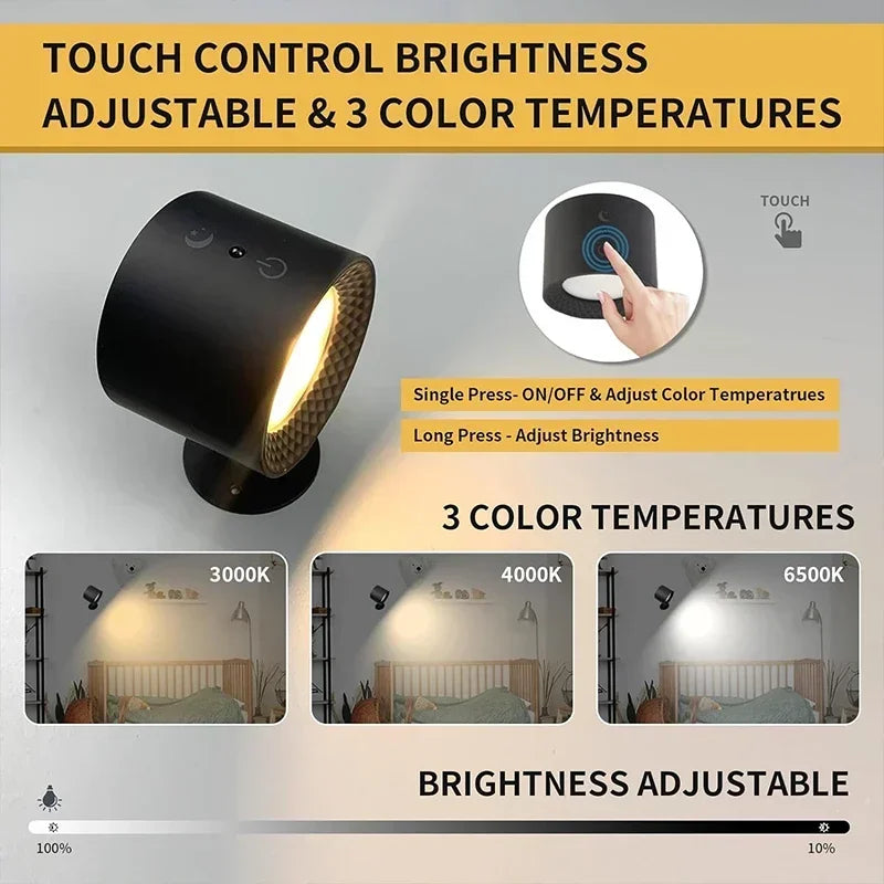 Wireless Magnetic LED Sconce with Remote – Rechargeable Reading Light, 360° Swivel Dual Head, Dimmable Touch Control for Bedroom & Hallway | Thomler