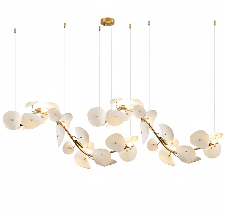 Linear Lotus Blossom Ceramic Chandelier for Dining Room & Kitchen Island – White Porcelain Pendant with LED | Thomler