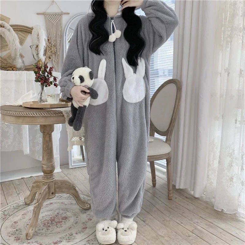 Hooded Bunny Ear One-Piece Sleepwear for Women – Soft Fleece Full-Body Pajama Jumpsuit for Cold Nights | Thomler
