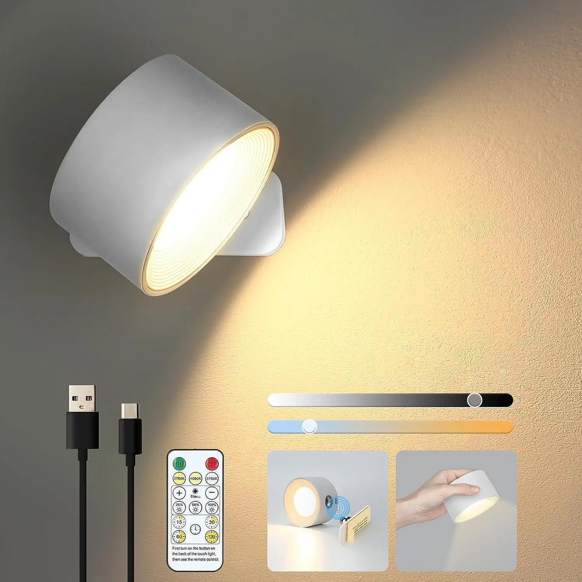 Rechargeable LED Wall Sconce – Magnetic Cylindrical Fixture with Remote Control for Bedroom & Living Room | Thomler