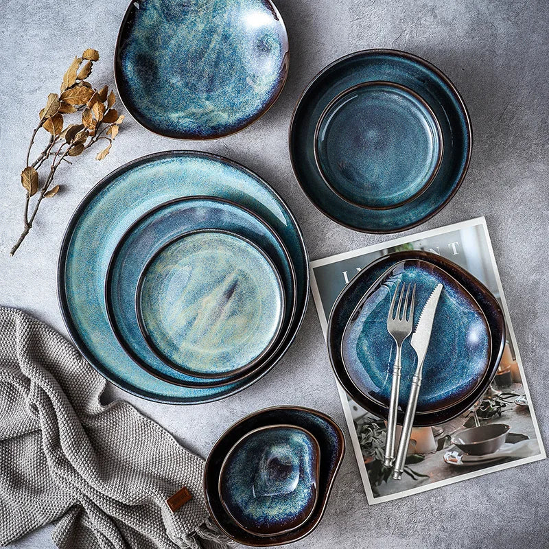 Dinnerware Set Porcelain 11-Piece Turquoise 10.5 in Plates Coastal Dining Tableware Service for Family Meals Entertaining | Thomler