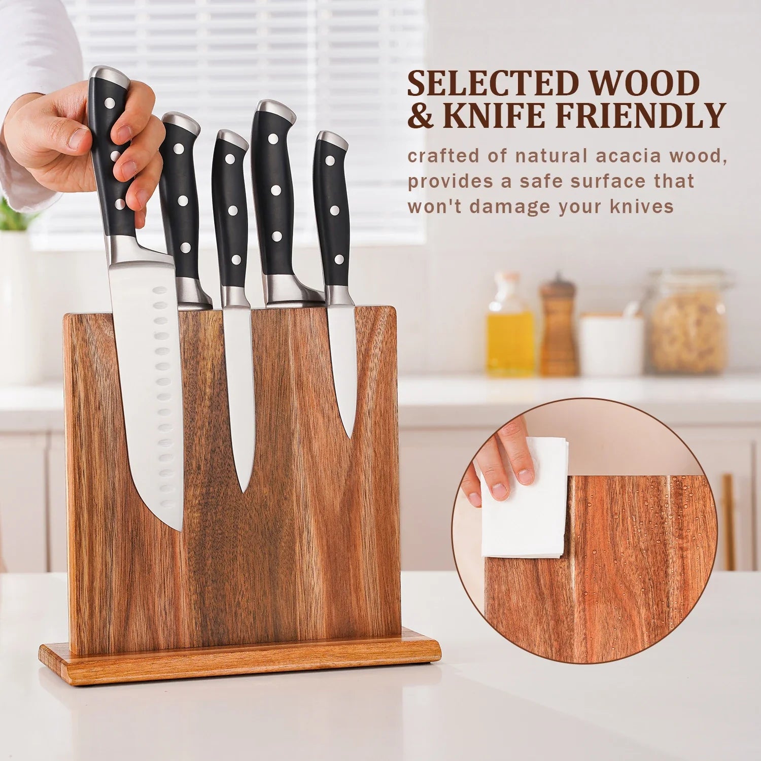 Knife Holder Acacia Wood Magnetic Freestanding Countertop Kitchen Storage Rack Organiser Natural Brown Space Saving Knife Block Alternative | Thomler