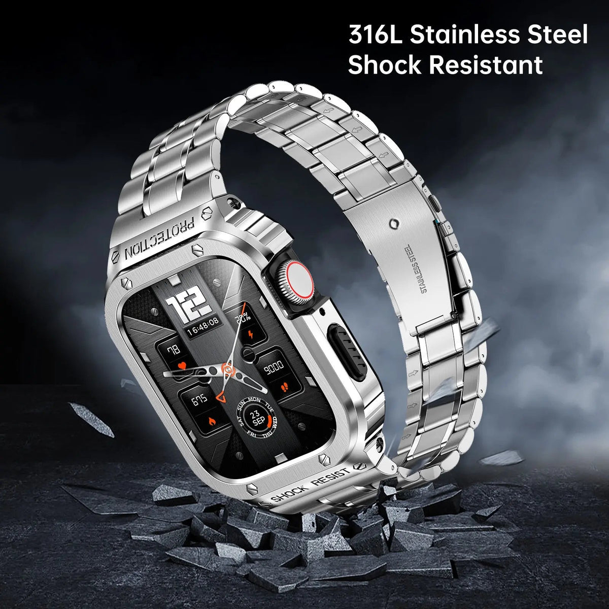 Metal Band and Bumper Case Bundle for Apple Watch 44mm 45mm Series – Shock-Absorbing Frame with Coordinated Strap in Black Silver Gold | Thomler