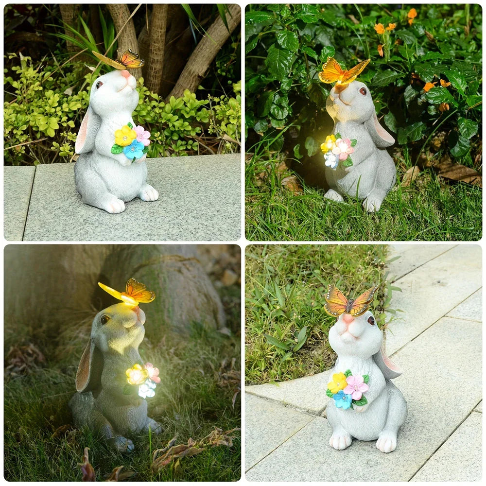 Garden Figurine Resin Solar Powered 22.5 cm White Grey Patio Rabbit LED Outdoor Decoration Butterfly Light | Thomler