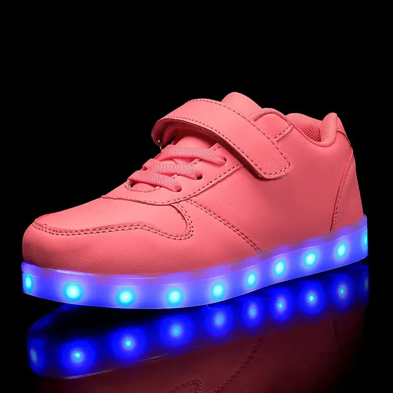 Childrens Trainers Synthetic Rubber LED Light Up Velcro Pink Daily School Play Sneakers Multiple Light Modes | Thomler