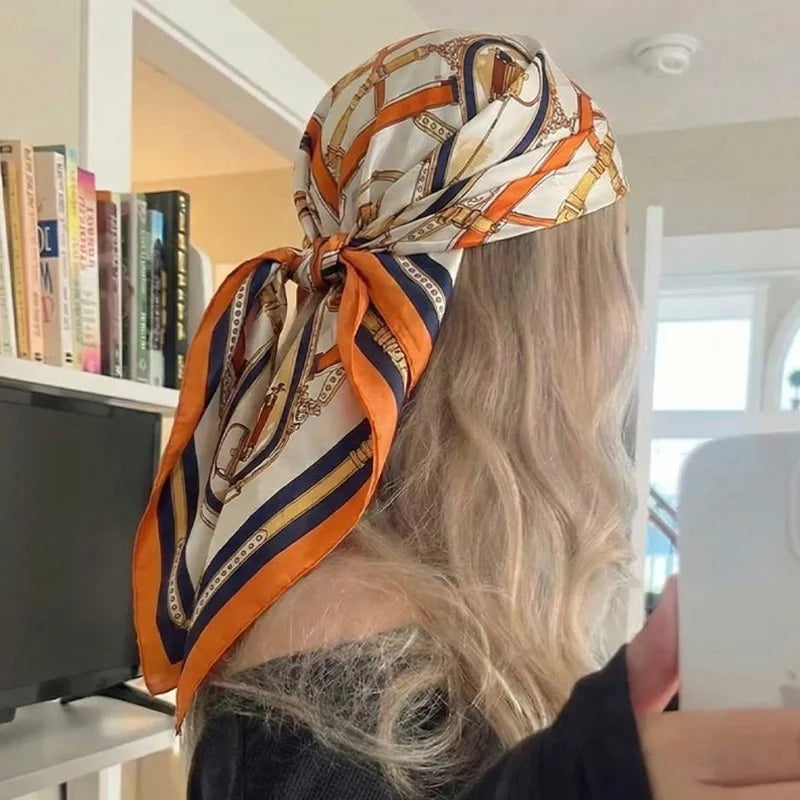 Silk-Feel Square Neck Scarf for Women – Floral Chain Print Head Wrap Hair Tie Bag Accessory | Thomler