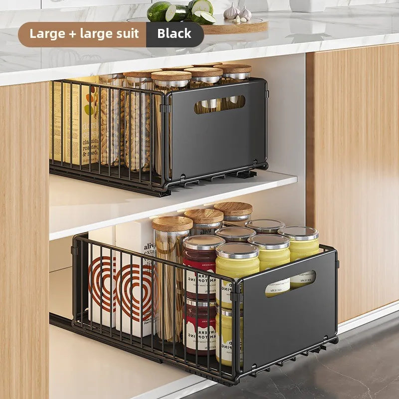Storage Drawer Carbon Steel 37.5 cm Pull Out Kitchen Cabinet Spice Organiser Pantry Rack Black | Thomler